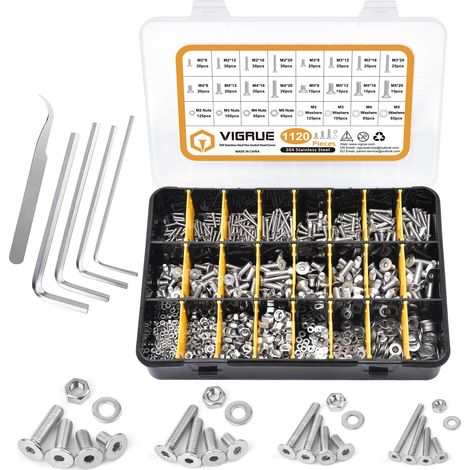 Lot de 1120 vis à tête fraisée en acier inoxydable A2-70 avec six pans creux M2, M3, M4, M5 - Vis à tête fraisée Écrous et rondelles Assortiment avec boîte de rangement noire (1/5)