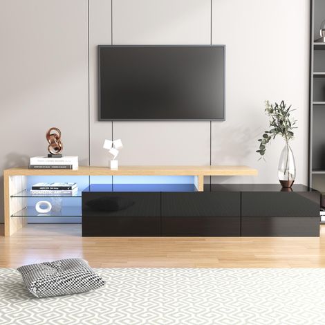 TV-Möbel 197 cm, mit LED-Beleuchtung, 3 türen, 2 Glasregalen, Lowboard im rustikal Stil, Wohnzimmer TV-Schrank aus Holz - Schwarz (1/5)