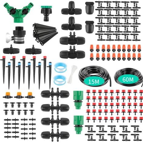 Système d'irrigation Jardin, Kit Arrosage Goutte à Goutte avec 60M +15M Tuyau, Kit d'irrigation Goutte à Goutte Automatique pour Jardin Pelouse Serre Plantes Potager