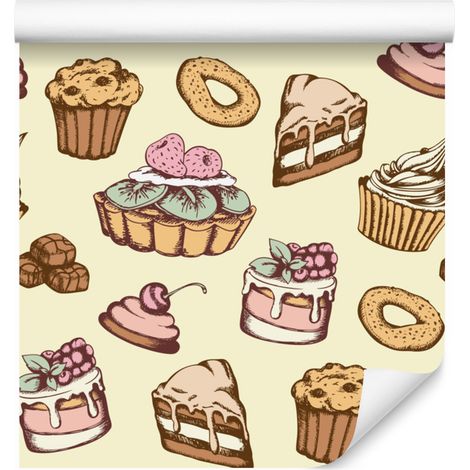 Papel pintado con motivos de dulces y pasteles de estilo vintage para salón y dormitorio, 50x1000 mm. (1/5)
