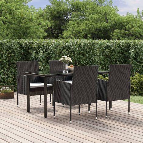 Ensemble de Jardin 5 Pièces Table Noir 160x80cm & 4 Chaises Résine Tressée avec Coussins Blanc Crème et Verre Trempé (1/5)