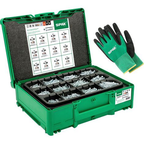 Spax – Mallette de montage Systainer³ T-Loc – Jeu de 2 475 vis en 12 dimensions – 5 embouts T20 – Gants de travail inclus