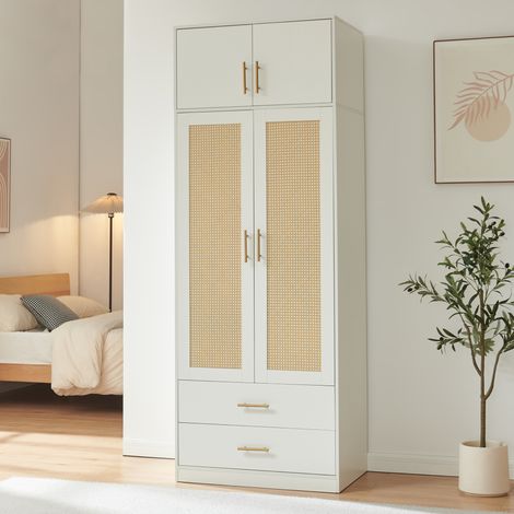 Armadio da Guardaroba Larundi con 4 Ante e 2 Cassetti 216 x 80 x 52 cm - Bianco/Effetto Rattan [en.casa] (1/5)