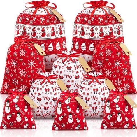 Lot de 10 sacs cadeaux de Noël avec cordons et étiquettes, rouges et blancs, tailles grand, moyen et petit (1/5)