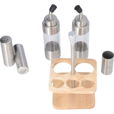 Ensemble de bouteilles d'assaisonnement en acier inoxydable 304 avec support en bois pour huile, sel et sauce soja