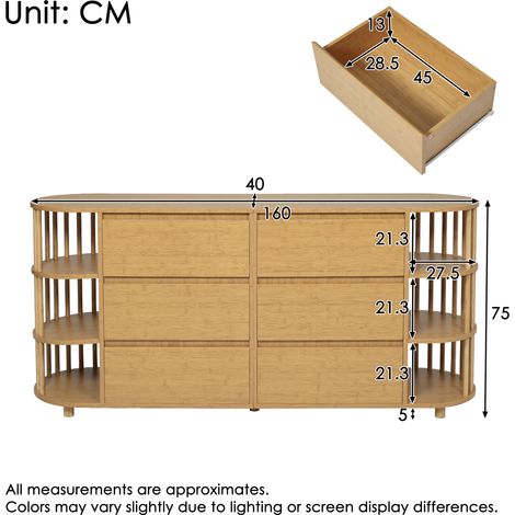 Commode chêne massif 160 cm, style antique romain, colonnes décoratives et étagères bambou, 6 tiroirs + étagères ouvertes, pieds ajustables, H75/L160/P40 cm