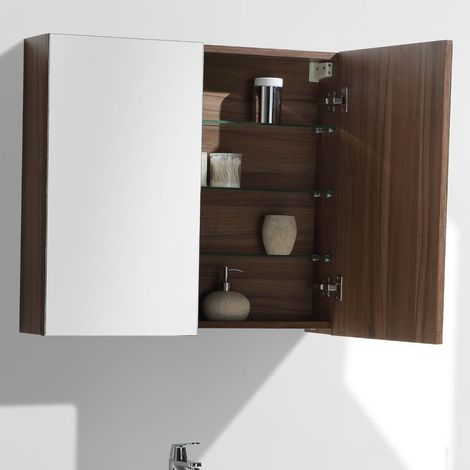 Stano. – Armoire de toilette suspendue 80 cm – Noyer mélaminé – 3 étagères en verre – Installation simple avec équerres fournies (1/8)