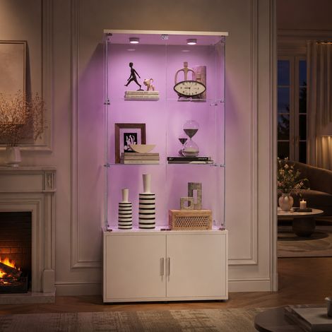 Vitrine en Verre Trempé 3 Étagères avec LED, Armoire Vitrine avec Rangement et 4 Portes à Serrure, 78.5x35x164 cm, Blanc (1/5)