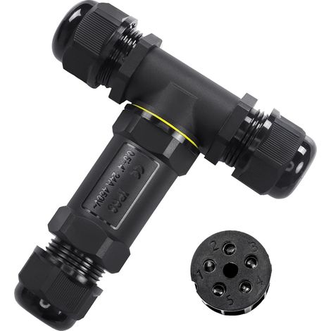 Boîte de jonction étanche pour extérieur Connecteur de câble électrique, 3 voies 5 broches pour gamme de fils de Ø5 à 10 mm (AC 450 V, 24 A) Boîtes de cordon externes (forme en T - 5 (1/5)