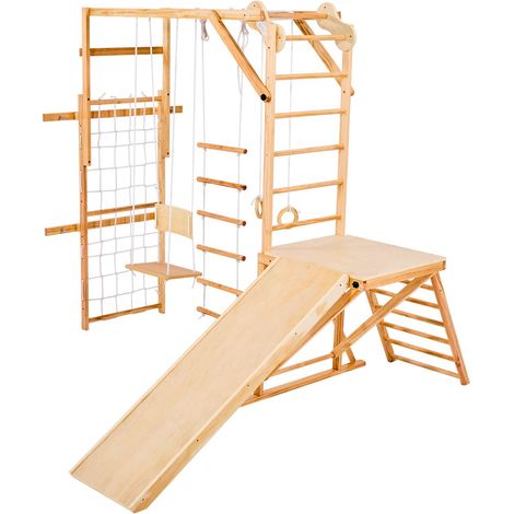 Structure de jeu en bois 8 en 1 pour enfant, aire de jeux intérieure Montessori jusqu'à 100 kg avec toboggan, balançoire, barre de singe, anneaux, échelle bois/corde, filet et barre d'escalade (1/5)