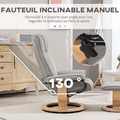 Fauteuil relaxation inclinable repose-pied pivotant cadre bois similicuir gris