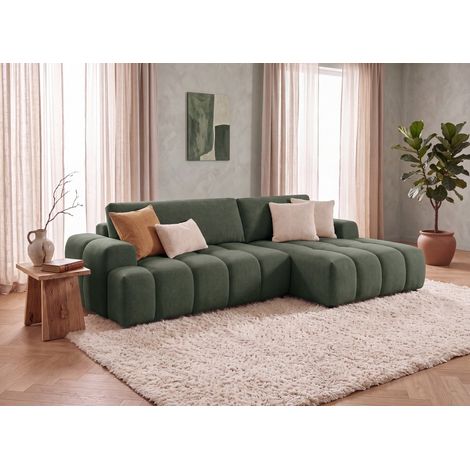 Canapé d'angle convertible avec coffre en tissu texturé vert (1/5)