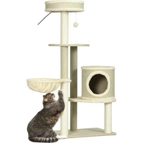 Tiragraffi per gatti, 1 cuccia, 1 grotta, 2 zone riposo, 124 cm x 59 cm x 40 cm + beige