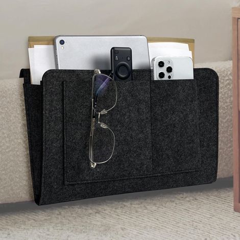 Organiseur mural en feutre 5 compartiments pour canapé et lit - Range journaux, lunettes, smartphone - Accessoire de rangement pratique - Noir (1/5)