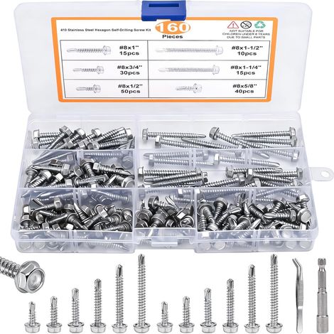 160PCS Vis Autoforeuse Metal M4.2 Inox 410 + 1 Douilles Hexagonales  Vis Autoforeuse Inox 410 pour Metal, Bac Acier Toiture avec 1 Douilles Hexagonales Incluses 13/16/19/25/32/38 mm (1/5)