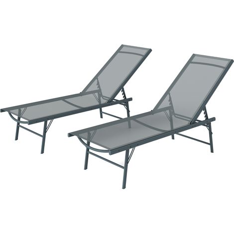 Lot de 2 transats pliants textilène gris clair pour jardin extérieur, chaise longue inclinable 54x164x84 cm (1/5)