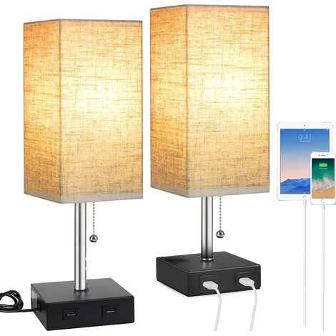 2Pcs USB Rechargeable Bedside Lamp, Modern Wooden Table Lamp with 2 USB Ports and E27 String Switch Beige Fabric Square Shade Desk Lamp for Bedroom Study Room (1/5)