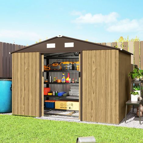 Cobertizo de Jardín Exterior 4,9 m² 277x195x192 cm con Puerta Corredera Ventilación y Kit de Fundación Marrón (1/5)