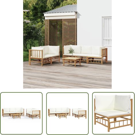 The Living Store Salon de jardin 6 pcs avec coussins blanc crème bambou - Salon De Jardin - Mobilier De Jardin - Ensemble De Salon - Meubles En Bambou - Set De Salon D'extérieur (1/5)