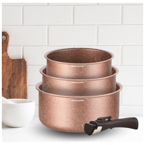 Set de 3 casseroles - Tous feux dont induction - ARTHUR MARTIN - AM2366 - Ø 16,18 et 20 cm + 1 poignée amovible - Terracotta (1/3)