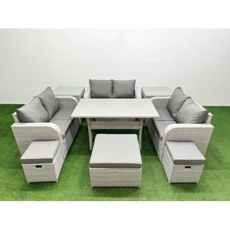 Fimous 9 Seater PE Wicker Rattan Furniture Sofa Sets with Rectangular Dining Table 2 Seater Love Sofa 3 Stool 2 Side Table Light Grey (1/4)