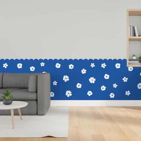 Papier peint découpé préencollé, soubassement, festonné, fleuri, bleu électrique, fleurs, raccordable, 83 cm X 195 cm (1/5)