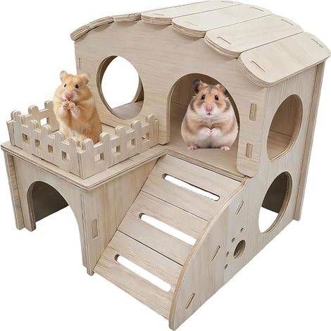 Maison Maison en Bois pour Hamster Cabane Cochon d'Inde Maisonnette pour Hamster Maison Cachette en Bois avec Rampe pour Hamsters et Rongeurs
