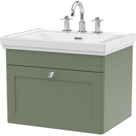 Nuie Classique Wall Hung 1-Drawer Vanity Unit with Basin 600mm Wide Satin Green - 3 Tap Hole (1/5)