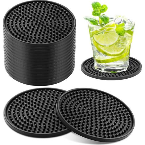 Set mit 8 Glasuntersetzern, 10 cm, rutschfest, rund mit Noppen, für Getränke und Tassen, schwarz (1/5)