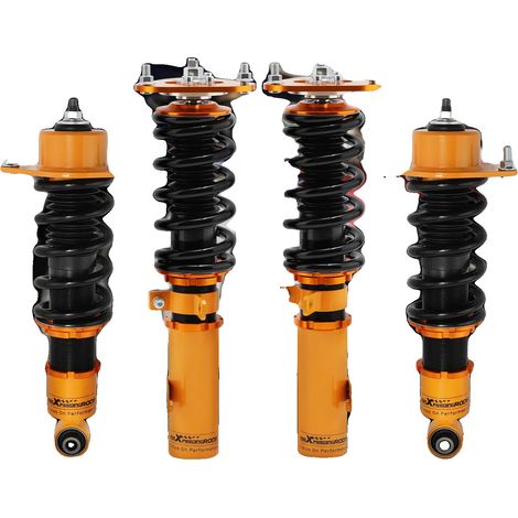 Système de suspension à coilovers, hauteur réglable de 1 à 3 pouces, taux de ressort avant 12 kg/mm, taux de ressort arrière 8 kg/mm, longueur de ressort avant 190 mm, longueur de ressort arrière 140