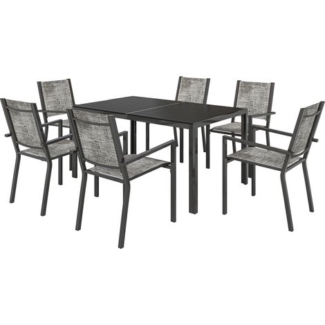 Table de jardin 6 chaises pliantes, plateau lattes 150 cm, acier inoxydable noir, mobilier terrasse empilable. (1/5)
