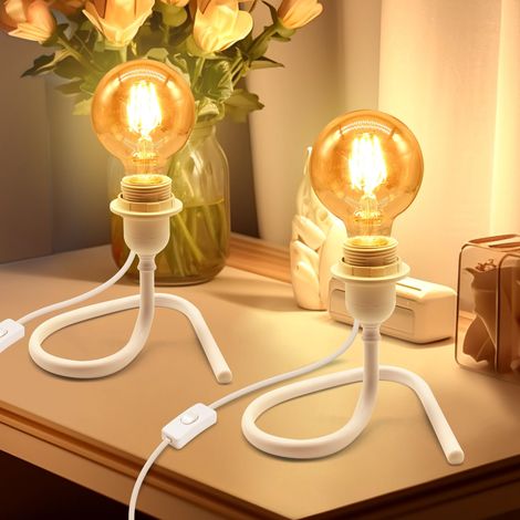 2PCS Lampe de Chevet, 240CM Câble, Douille E27 avec Interrupteur, Support Ampoule Triangulaire Stable, Blanc Lampe de Table pour Lecture, Lamp de Bureau, Peut DIY Abat Jour, Sans Ampoule (1/5)