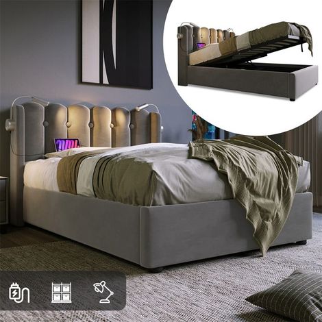 Lit coffre - SINGULARITY - SINGULARITY - 90x200 cm - Velours gris - Lampe lecture USB (1/5)