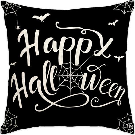Lot de 2 housses de coussin décoratives d'Halloween, motif toile d'araignée noire et chauve-souris blanche, style lin, pour canapé gothique. (1/5)