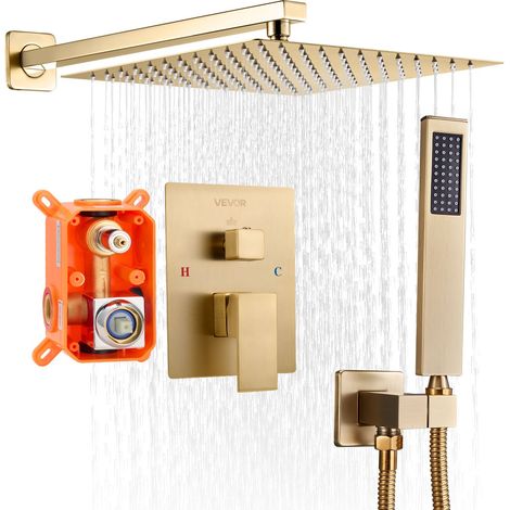 Ensemble de Robinetterie de Douche Encastrable, Système de Douche de Pluie avec Pommeau de Tête Carré de 25,4 cm, Douchette à Main et Kit de Garniture, Fixation Murale, Salle de Bain, Or Brossé (1/5)