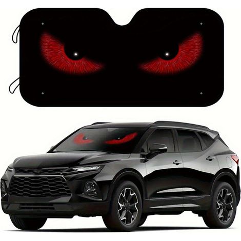 Parasol plegable divertido con diseño de ojo rojo malvado para parabrisas de coche. Mantén tu vehículo fresco. Reflector UV para coche, camión o SUV. 55"x30" (1/5)