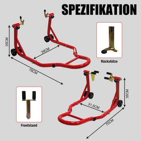 Cadre levage moto 200 kg, système d'attache avec supports avant et arrière (K et U), adapté à quasiment toutes les marques de motos - Rouge