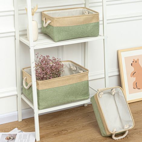 Panier de rangement pliable en tissu coton et lin vert et beige, boîte de rangement pour vêtements et jouets avec poignées (1/5)