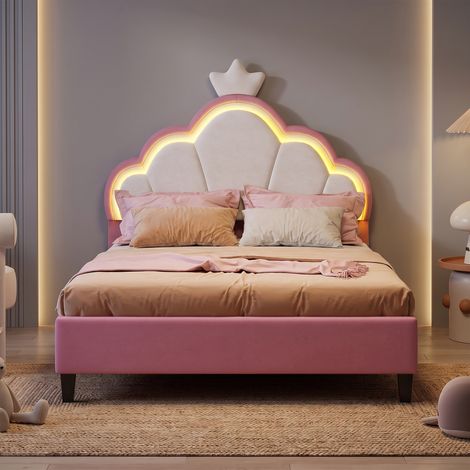 Lit simple rembourré 90x200 cm avec tête de lit en couronne, Lit enfant fille avec sommier LED, Lit princesse en velours, Rose, sans Matelas (1/5)