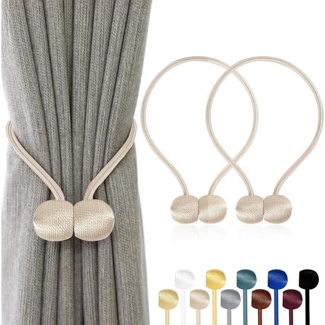 Lot de 2 - Embrasse Rideau - Aimant - Corde Polyester - Fixation Sans Perçage - Pour Salon Chambre Salle De Bain - Beige - 47x49 Cm
