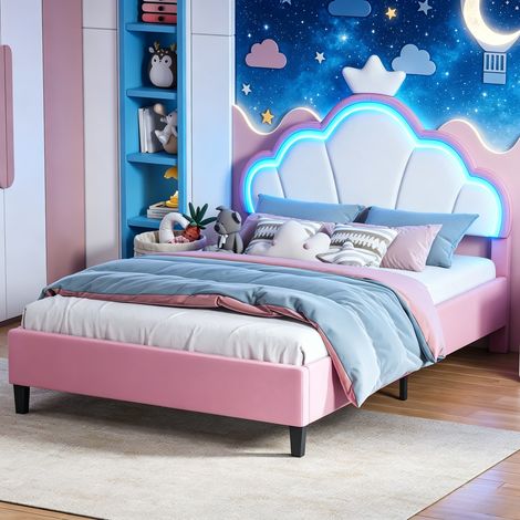 JOOKGBD-Kinderbett Polsterbett 90 x 200 cm, Mädchenbett,Einzelbett,Jugendbett,Verstellbares Kopfteilin Form Einer Krone ,Bettgestell mit Lattenrost,Samt,für Kinder und Jugendliche,Ohne Matratze,Rosa