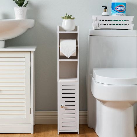 Porte-rouleau WC 2-en-1 avec brosse, colonne de rangement pour armoire, meuble salle de bain en PVC, distributeur de papier hygiénique et porte-brosse, étagère compacte. (1/5)