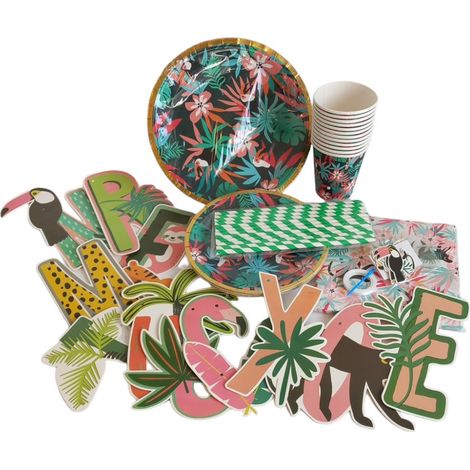 Set aus Tellern, Tassen, Pflanzen, Tukan, 65-teiligem SUP