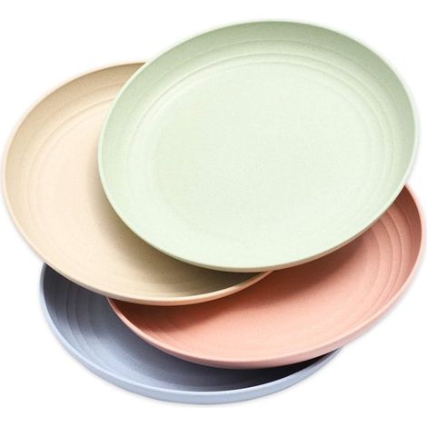 Lot de 4 assiettes en paille de blé, lavables au lave-vaisselle, vaisselle écologique, quatre couleurs (1/5)