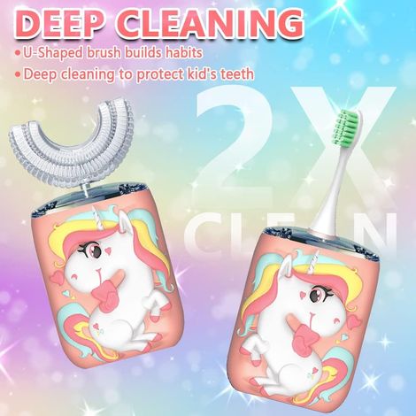 Brosse à dents électrique en forme de U, avec 2 têtes de brosse, motif licorne pour les 7-12 ans (rose)-AquaForge