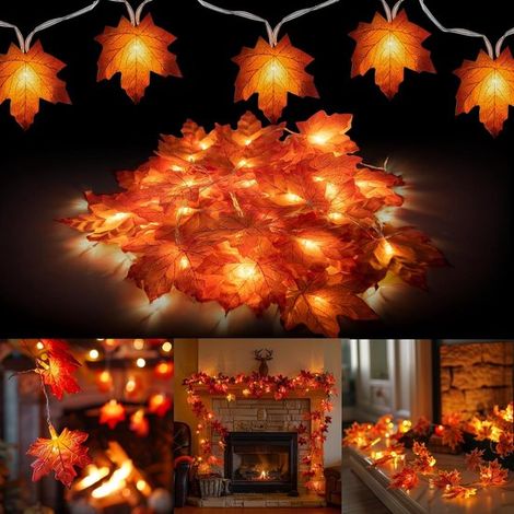 Guirlande lumineuse d'automne – Lot de 2, 6 mètres (20 pieds) et 40 LED en forme de feuilles d'érable – Fonctionne sur piles – Idéal pour Halloween et la décoration automnale – Intérieur et extérieur (1/5)