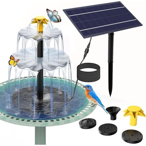 Fontaine solaire de jardin – Fontaine abreuvoir à oiseaux avec cascade à 3 niveaux, 4 buses et élément aquatique à monter soi-même