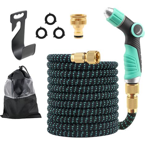 Kit tuyau extensible 22,5 m motif bleu lac + pistolet haute pression bleu lac, tuyau magique auto-extensible pour lavage auto et jardinage (1/5)