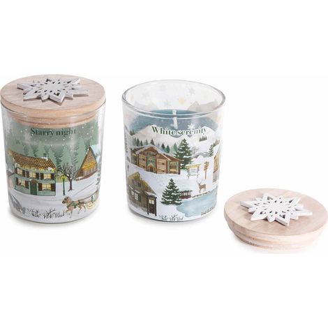 Candele profumate di Natale in barattolo di vetro stampa paesaggio natalizio con coperchio in legno con decoro fiocco, set da 4 pezzi, Ø 7 cm x 8,5 H