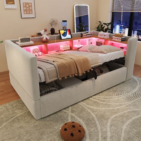 Schlafsofa 90x190 cm mit Stauraum und LED-Beleuchtung, Polsterbett mit Steckdose und Ablagefächern, Tagesbett aus Flanell, Hellgrau (1/5)